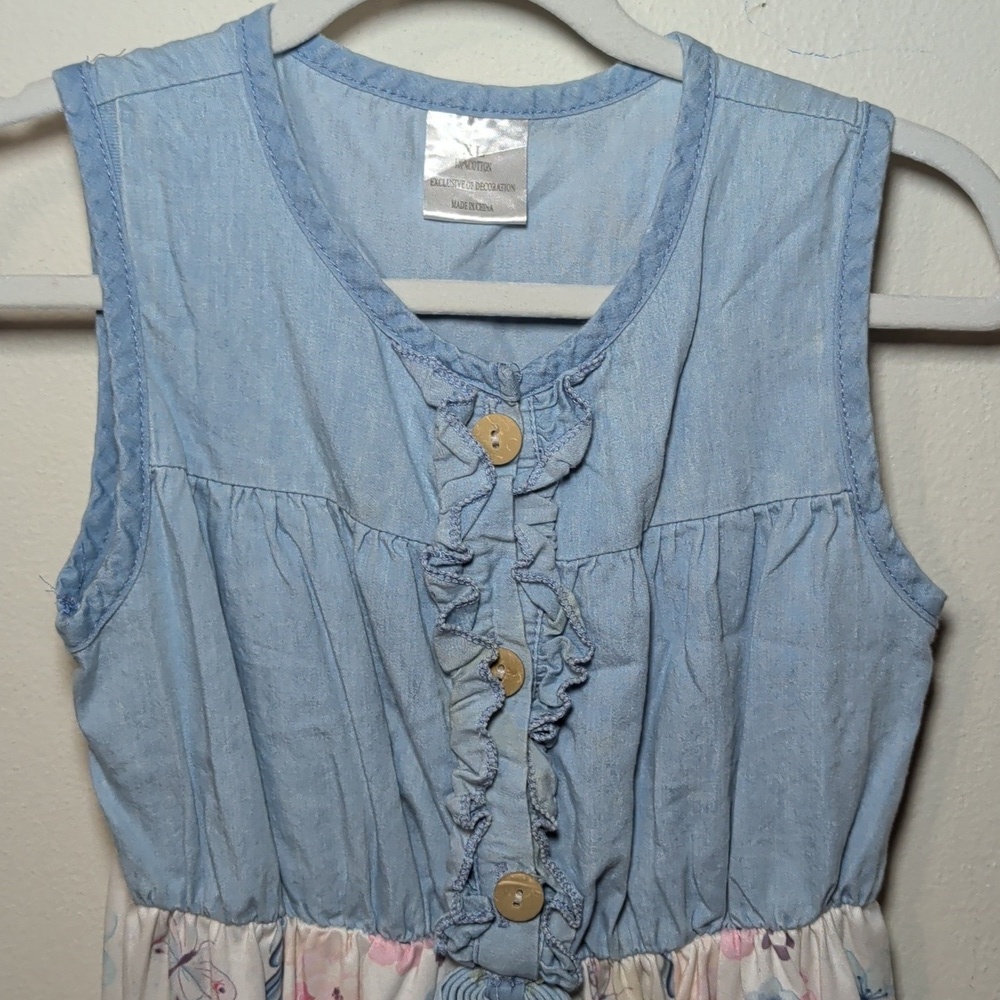 Girls Sleeveless Dress Denim Tie-Front Top White PInk Floral Skirt Size XL ~7 - Picture 3 of 5